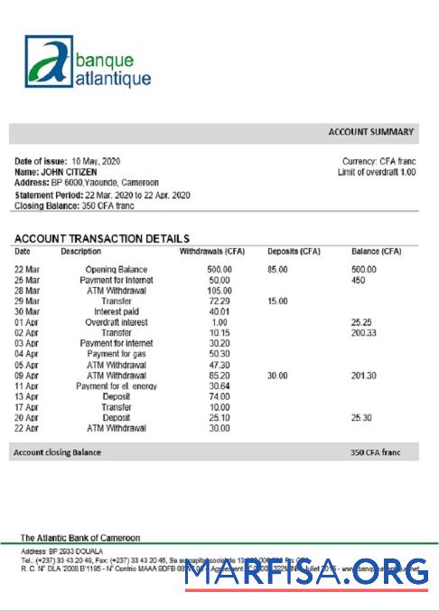 Realistic Cameroon Atlantic bank statement word download for verification